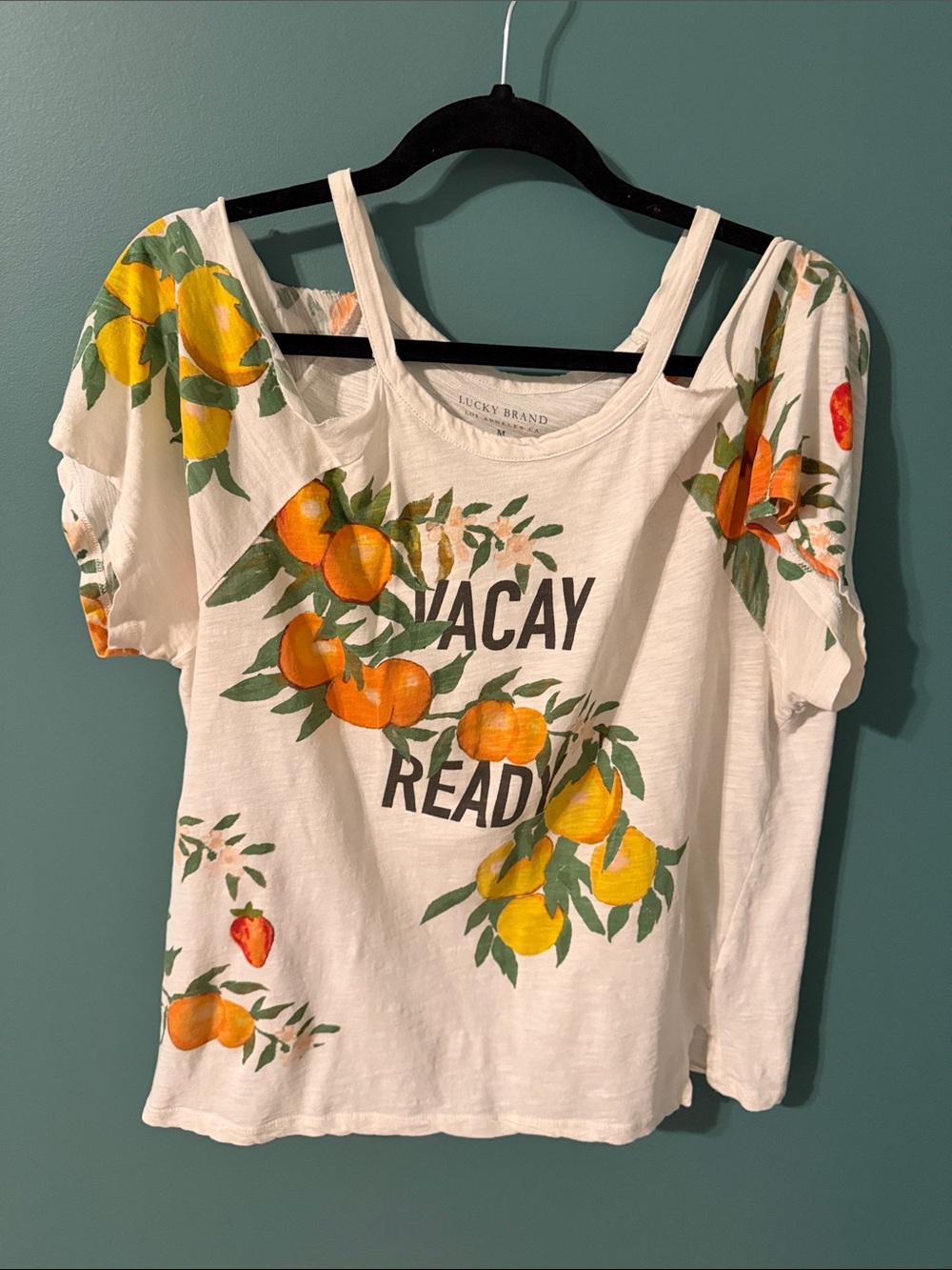 Lucky Brand White Cold-Shoulder Fruit Print Tee with Orange & Yellow Motif